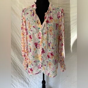 Source Unknown Ruffled Tie-Neck Floral Blouse - Pink, Peach, Cream